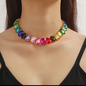 RAINBOW GLASS choker necklace Big stones colorful gold tear drop New gift